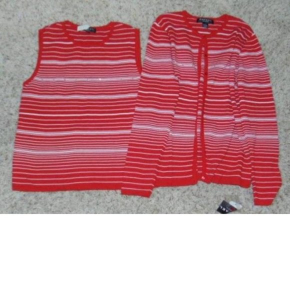 Womens Cardigan Sweater Set Rafael Large Red White Striped Sleeveless Shirt 2 Pc - Picture 1 of 7